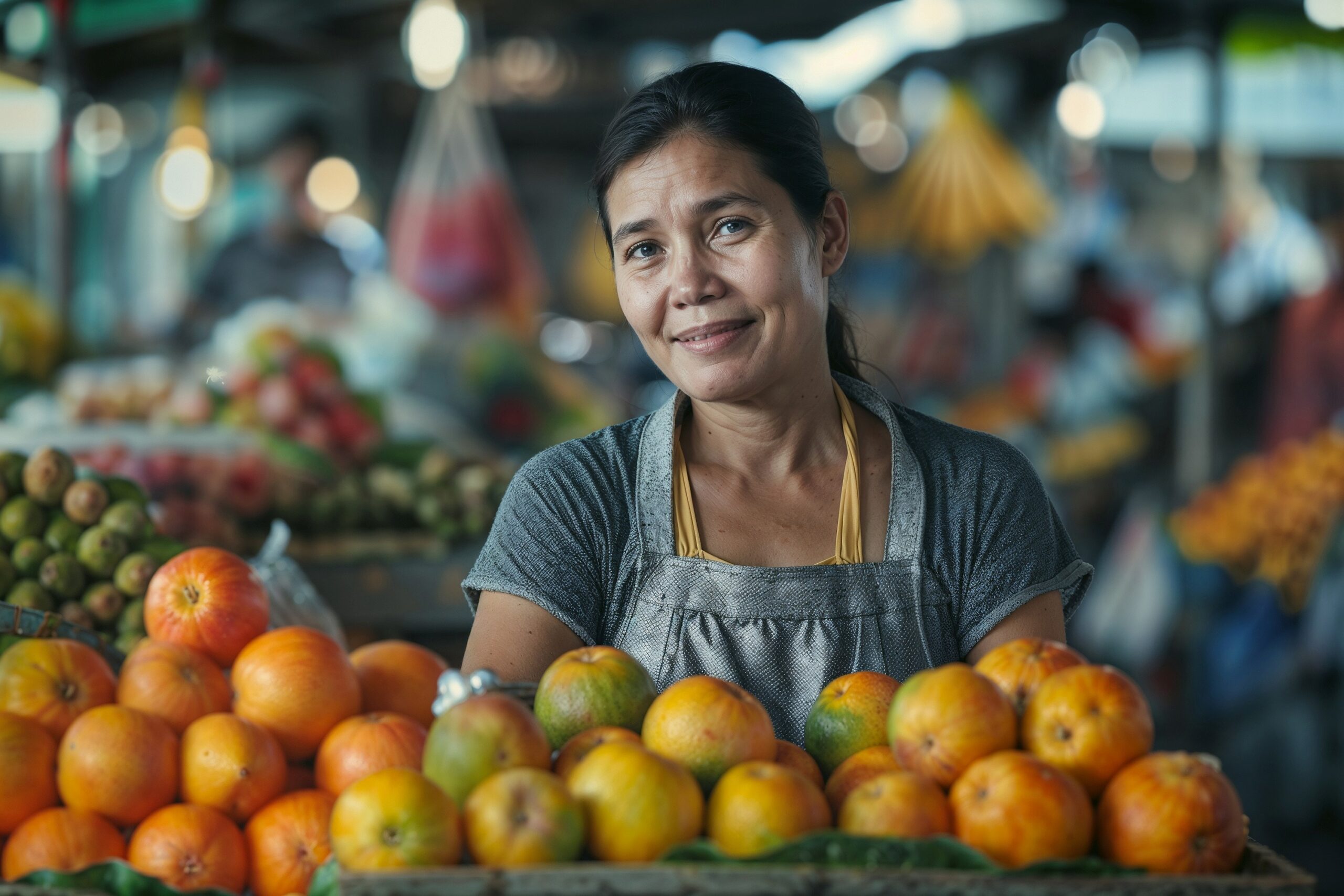 Illustrative photograph of a woman managing a small produce business.
