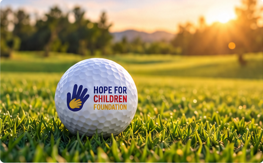 A foundation-branded golf ball on the course.
